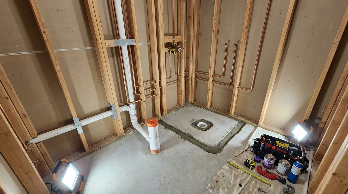 Bathroom rough-in plumbing during remodel by Johns Plumbing LLC in San Manuel
