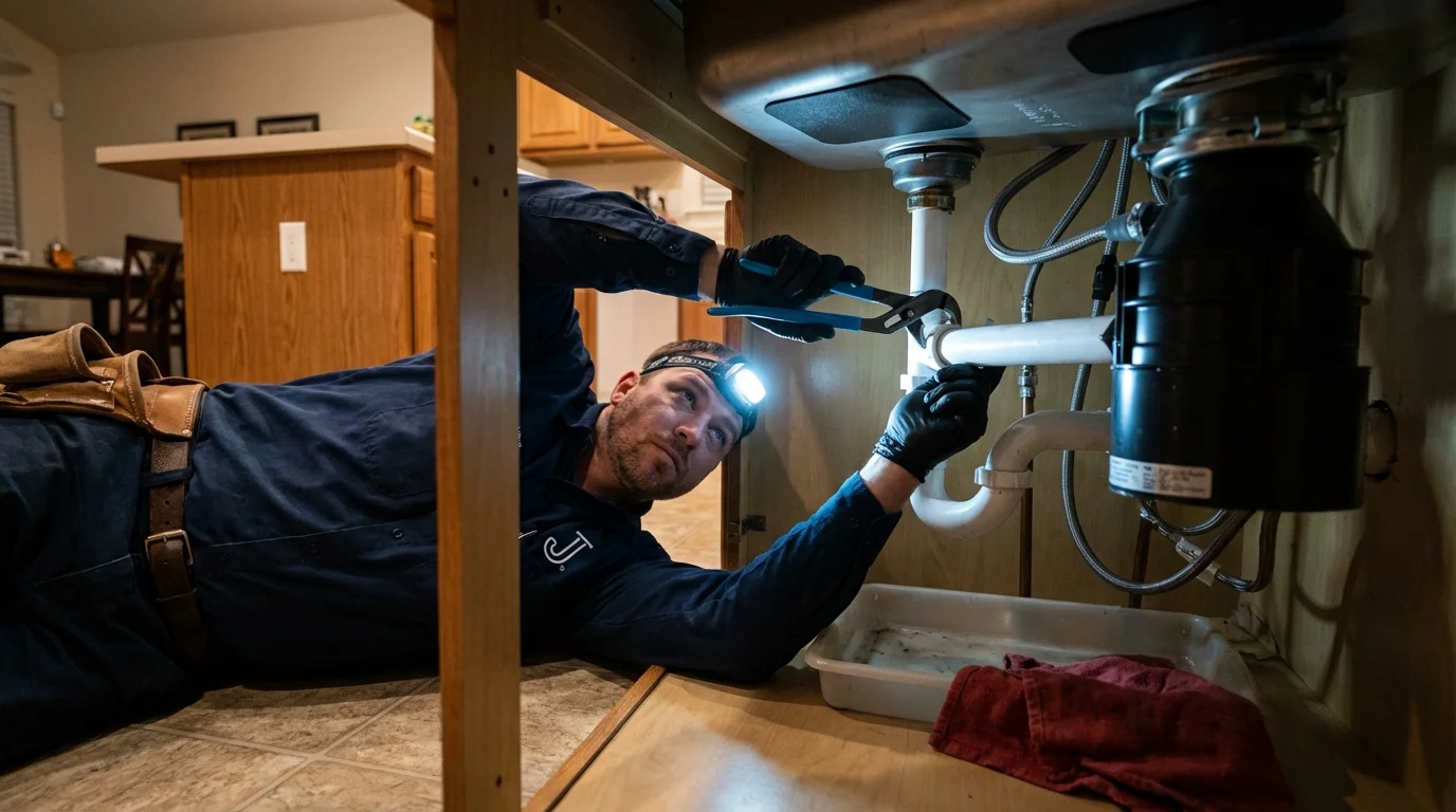 P-trap and supply line connections under a kitchen sink showing a common leak point in San Manuel, AZ